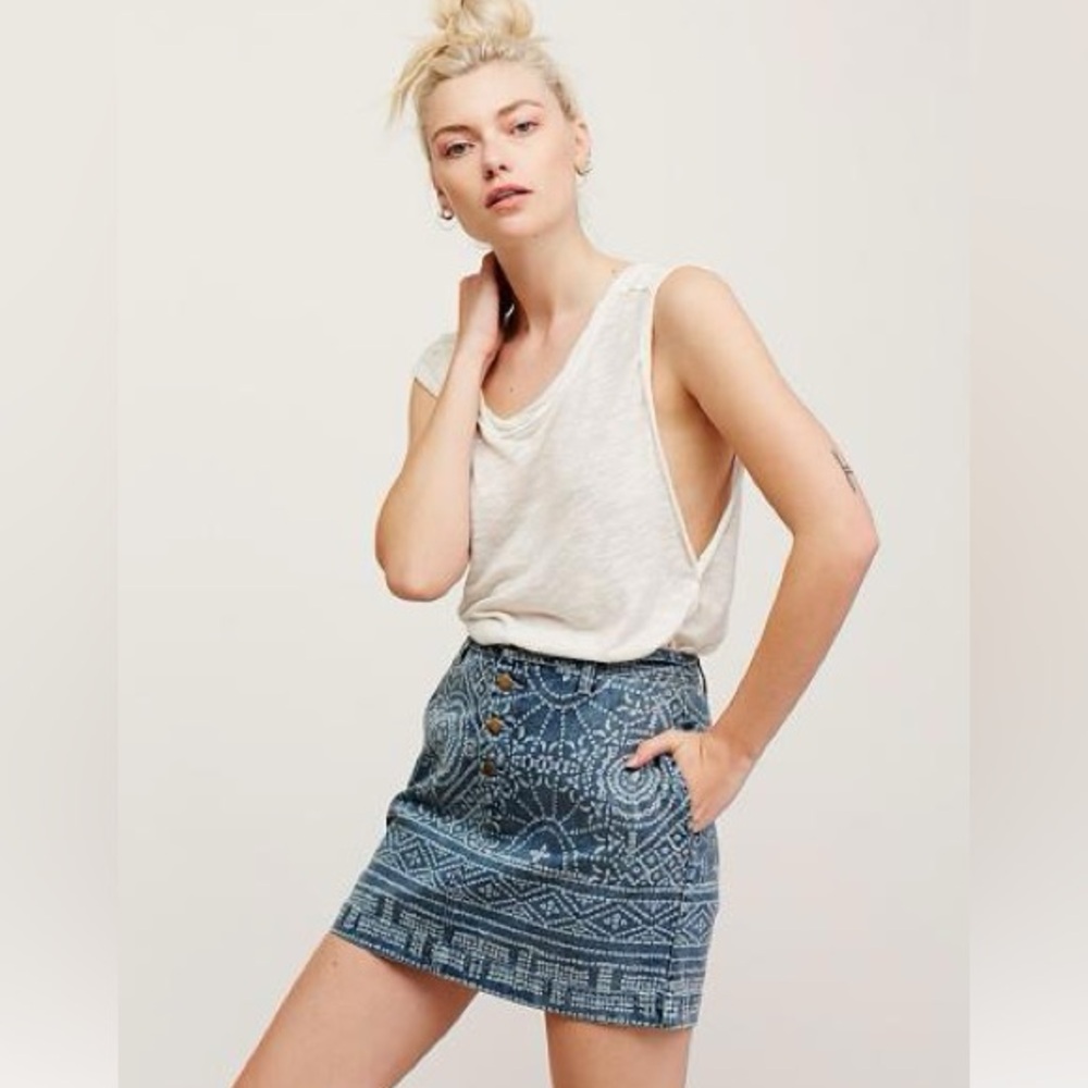Free people school daze printed denim mini skirt